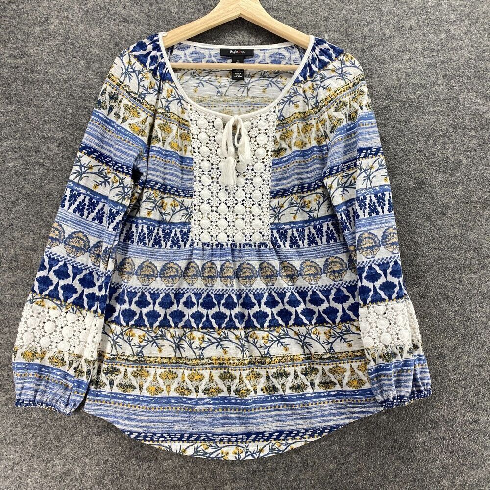 Style&co. Blouse Women S Small Blue Striped Tasseled Long Sleeve Rayon Crochet